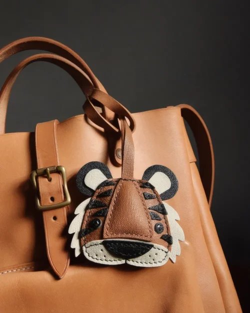 tiger bag charm, leather tiger keychain, handmade leather bag charm, animal leather accessory, gift-ready bag charm, car key accessory leather