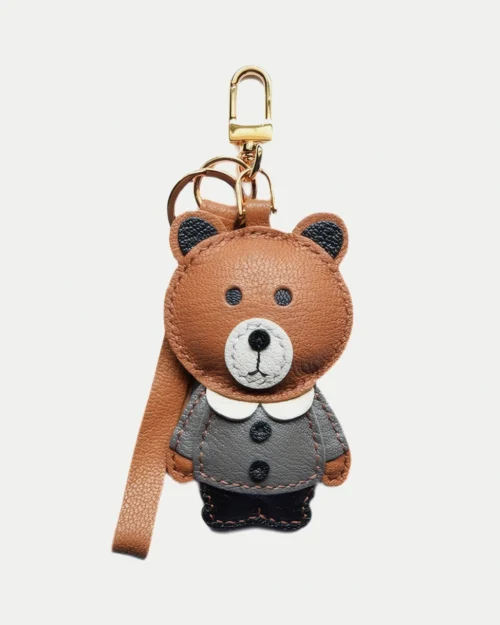 Bear Bag Charm handcrafted from French goatskin leather, hand-stitched over three days and gift boxed for bags, keys, and car key accessories.