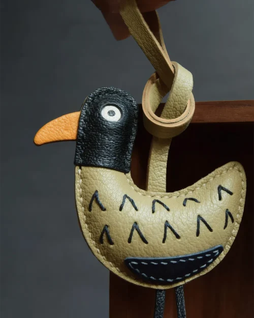 leather bird bag charm, bird leather keychain, cute bird bag charm, handmade bird accessory, leather bird character keychain