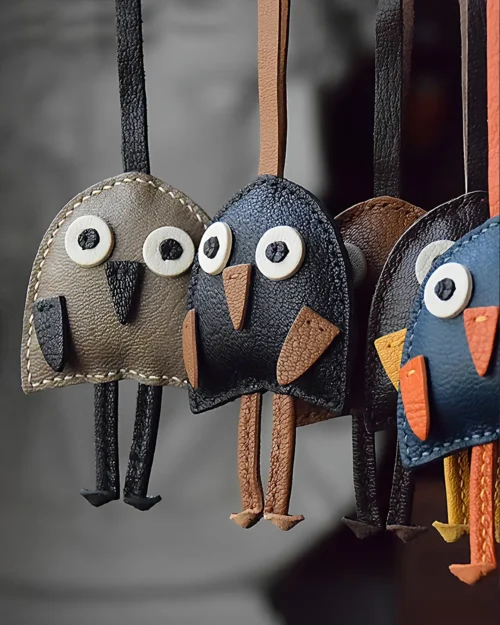 A playful bird bag charm handcrafted from French goatskin leather. Hand-stitched over three days and gift boxed for bags, keys, or car keys.