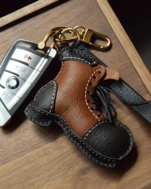 leather boot bag charm, boot leather keychain, handmade boot bag charm, lace-up leather boot accessory, vintage leather keychain, car key accessory