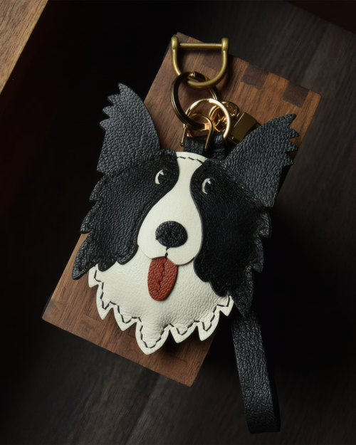 leather border collie bag charm, border collie leather keychain, handmade dog bag charm, dog face leather charm, gift box dog keychain