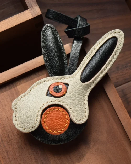 rabbit bag charm,bunny leather keychain,handmade rabbit leather charm,cute bunny bag accessory,car key leather charm,cartoon animal keychain