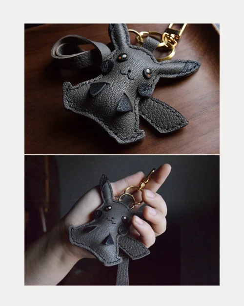 Electric mouse bag charm handcrafted from premium leather, hand-stitched over three days and gift boxed for bags, keys, or car key accessories.