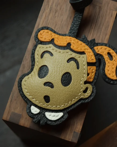 leather cartoon bag charm, cartoon leather keychain, cute cartoon bag charm, handmade cartoon accessory, leather character keychain