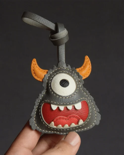 leather monster bag charm, handmade leather keychain, cartoon monster accessory, gift box, playful bag charm