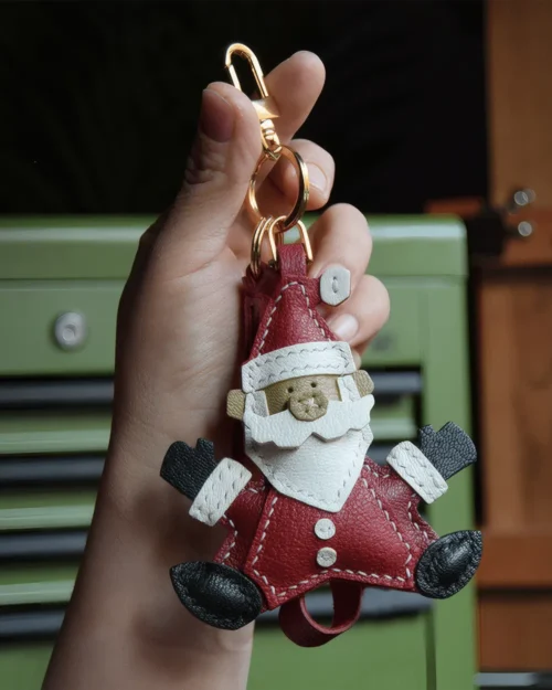 leather santa bag charm, santa leather keychain, christmas santa bag charm, handmade santa accessory, festive leather keychain, holiday gift charm