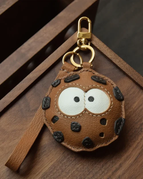 cookie bag charm, leather cookie keychain, handmade cookie bag charm, dessert bag accessory, playful leather keychain, car key accessory