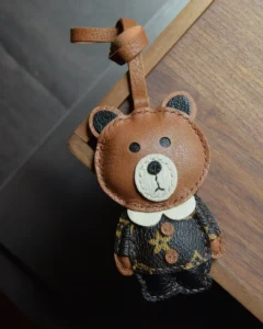 Bear Bag Charm handcrafted from French goatskin leather, hand-stitched over three days and gift boxed for bags, keys, and car key accessories.