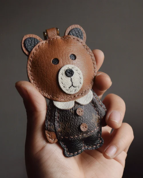 Bear Bag Charm handcrafted from French goatskin leather, hand-stitched over three days and gift boxed for bags, keys, and car key accessories.