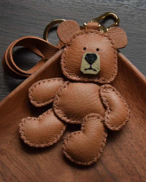 Bear Bag Charm with Handcrafted Leather Character