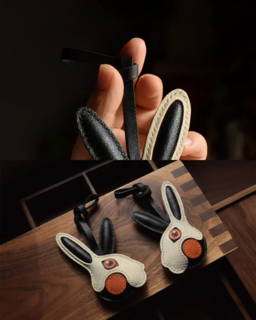 rabbit bag charm,bunny leather keychain,handmade rabbit leather charm,cute bunny bag accessory,car key leather charm,cartoon animal keychain