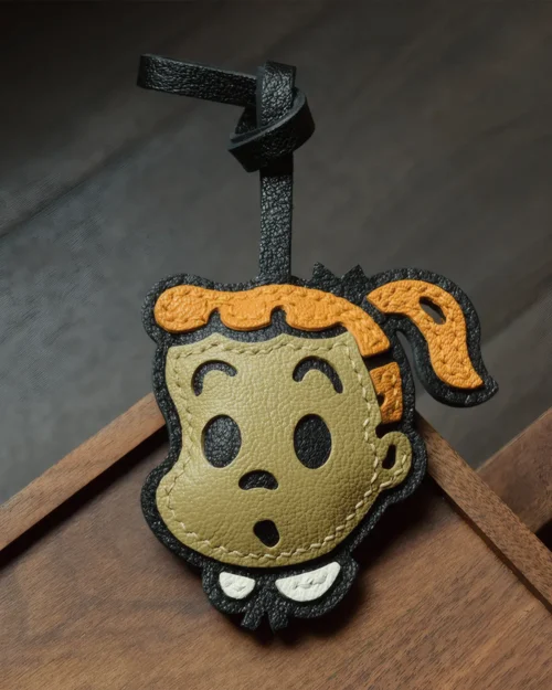 leather cartoon bag charm, cartoon leather keychain, cute cartoon bag charm, handmade cartoon accessory, leather character keychain