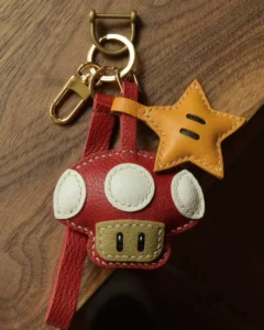leather mushroom star bag charm, mushroom leather keychain, handmade mushroom bag charm, star leather accessory, cartoon leather keychain, car key accessory
