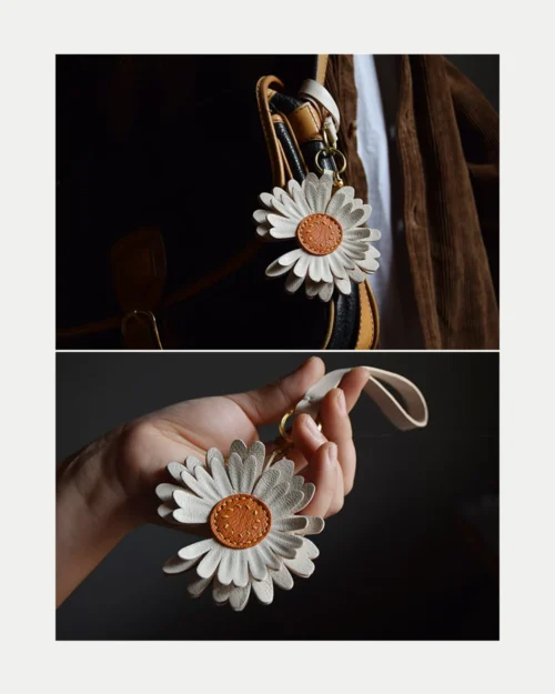 Daisy flower bag charm handcrafted from premium leather, hand-stitched over three days and gift boxed for bags, keys, or car key accessories.