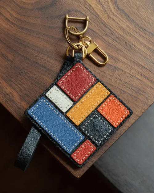 leather geometric bag charm, geometric leather keychain, handmade geometric bag charm, abstract leather accessory, color block leather keychain, car key accessory