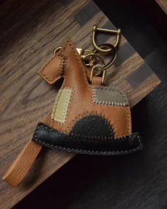 patchwork rocking horse bag charm Handmade Leather Keychain