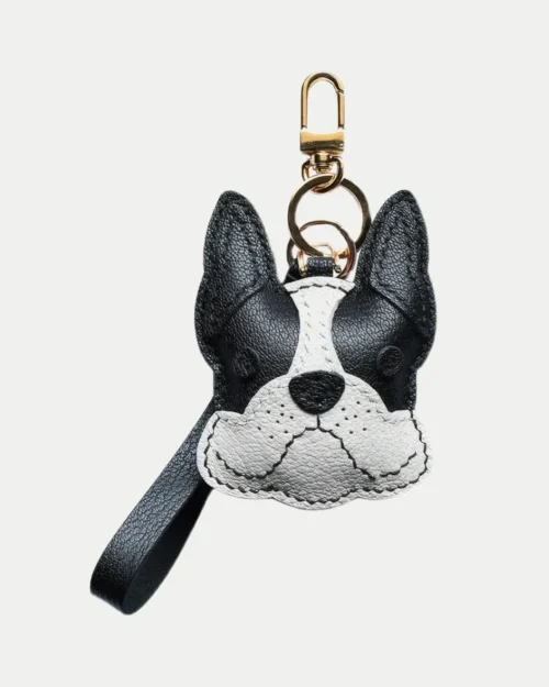 Dog Bag Charm handcrafted from French goatskin leather, hand-stitched over three days and gift boxed for bags, keys, and car key accessories.