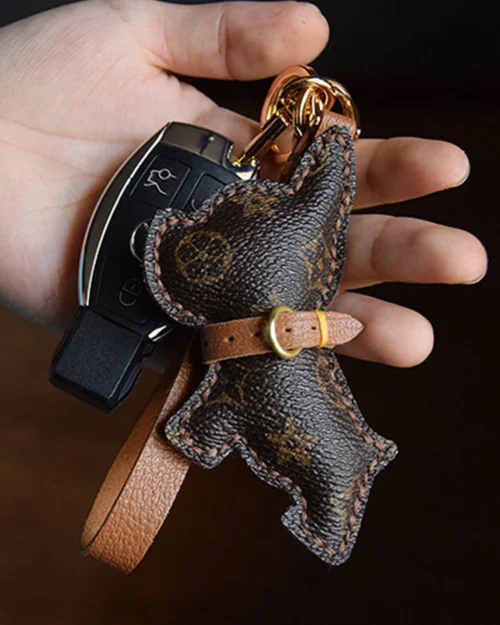 French bulldog bag charm handcrafted from premium leather, hand-stitched over three days and gift boxed for bags, keys, or car accessories.