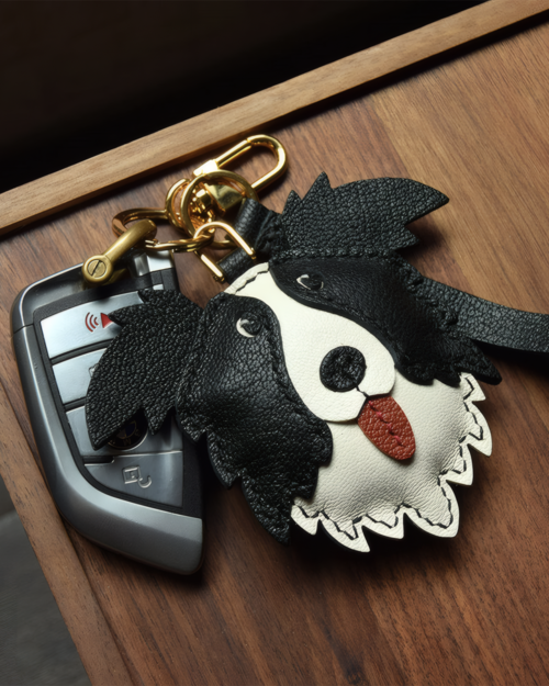 leather border collie bag charm, border collie leather keychain, handmade dog bag charm, dog face leather charm, gift box dog keychain