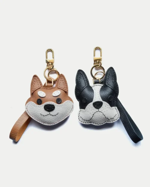 Dog Bag Charm handcrafted from French goatskin leather, hand-stitched over three days and gift boxed for bags, keys, and car key accessories.