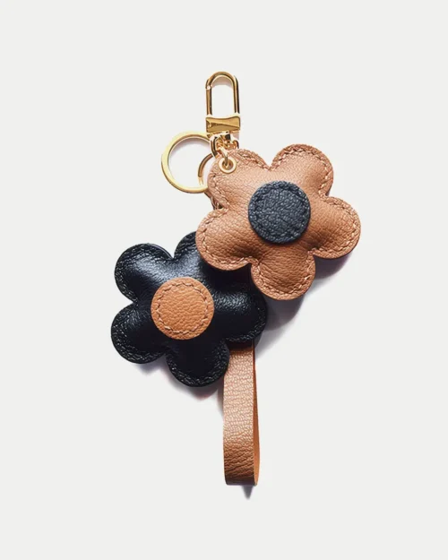 Flower Bag Charm handcrafted from French goatskin leather, hand-stitched over three days and gift boxed for bags, keys, and car key accessories.