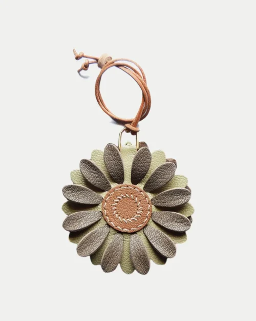 Flower Bag Charm handcrafted from French goatskin leather, hand-stitched over three days and gift boxed for bags, keys, and car key accessories.