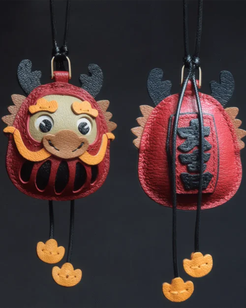 leather lucky loong bag charm, loong leather keychain, handmade loong bag charm, lucky loong accessory, leather fortune symbol keychain