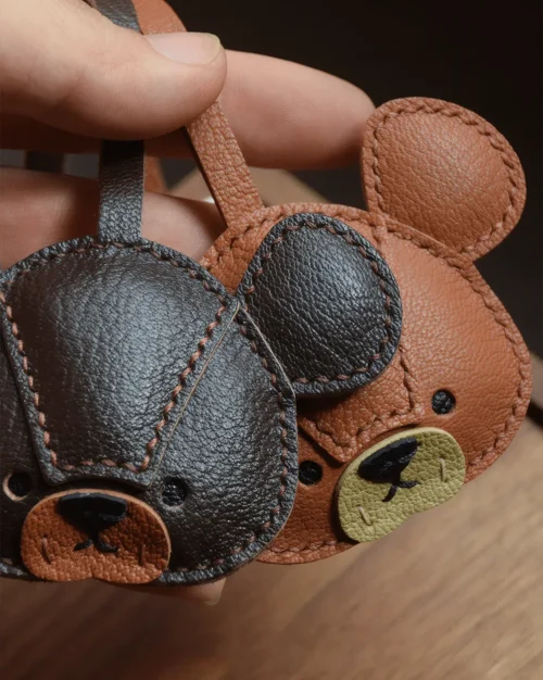 leather bear bag charm, bear leather keychain, cute bear bag charm, handmade bear accessory, leather animal keychain, car key accessory