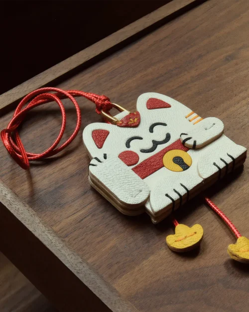 leather lucky cat bag charm, lucky cat leather keychain, handmade lucky cat charm, fortune cat bag accessory, leather lucky symbol keychain