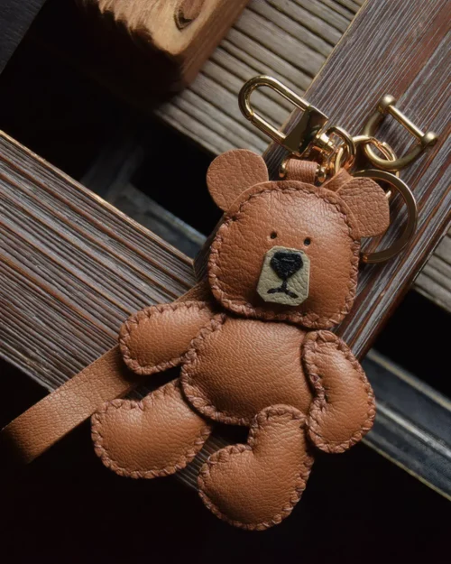 Bear Bag Charm with Handcrafted Leather Character