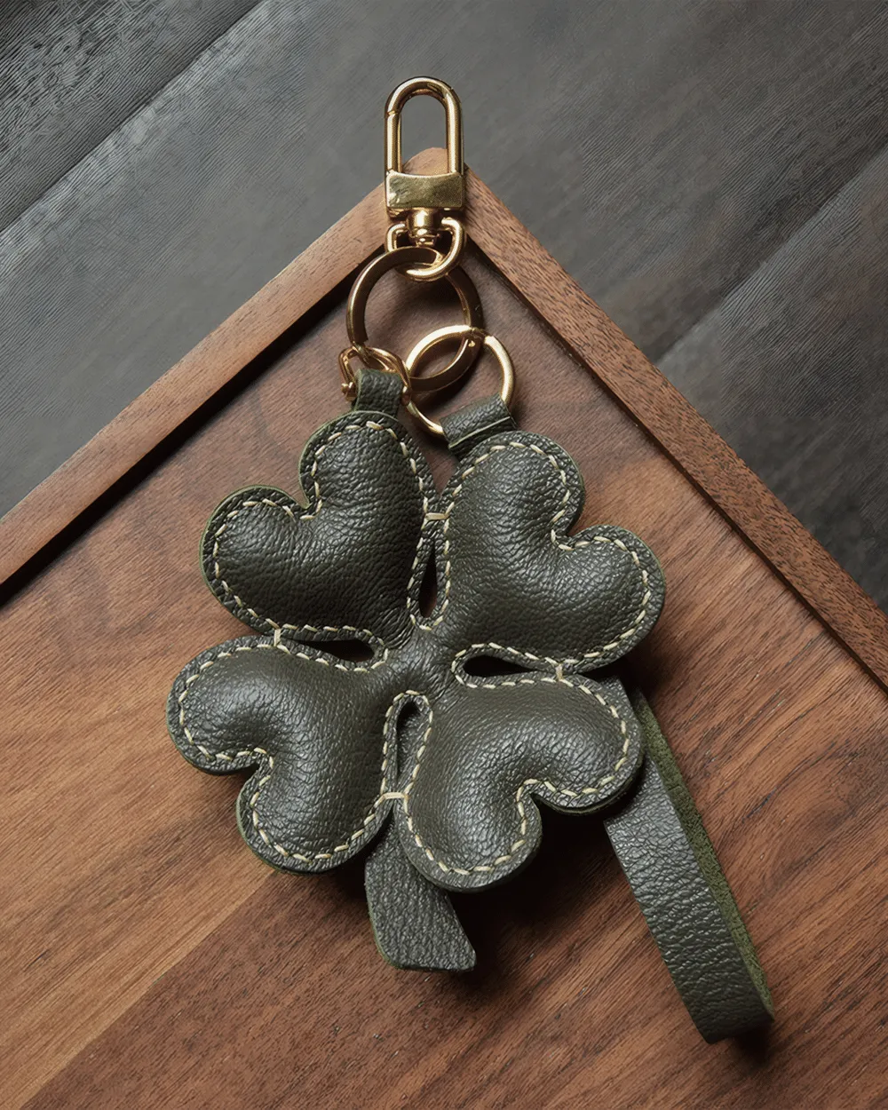 Leather Four Leaf Clover Bag Charm Hand-stitched