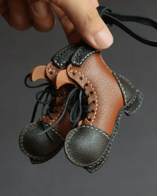 leather boot bag charm, boot leather keychain, handmade boot bag charm, lace-up leather boot accessory, vintage leather keychain, car key accessory