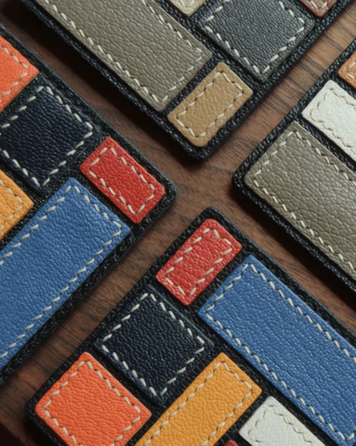 leather geometric bag charm, geometric leather keychain, handmade geometric bag charm, abstract leather accessory, color block leather keychain, car key accessory