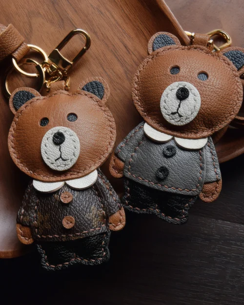 Bear Bag Charm handcrafted from French goatskin leather, hand-stitched over three days and gift boxed for bags, keys, and car key accessories.