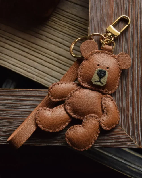 Bear Bag Charm with Handcrafted Leather Character