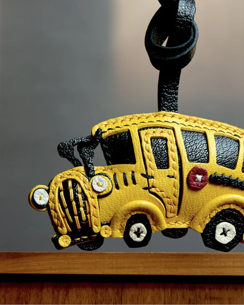 A cheerful school bus bag charm handcrafted from French goatskin leather. Hand-stitched over three days and gift boxed, ideal for bags, keys, or car keys.