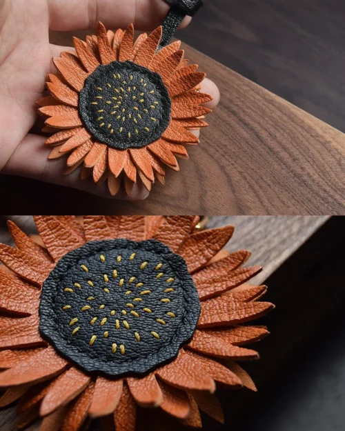 sunflower bag charm, leather sunflower keychain, handmade leather floral charm, sunflower bag accessory, car key leather charm, gift ready leather accessory