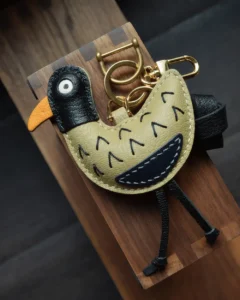 leather bird bag charm, bird leather keychain, cute bird bag charm, handmade bird accessory, leather bird character keychain