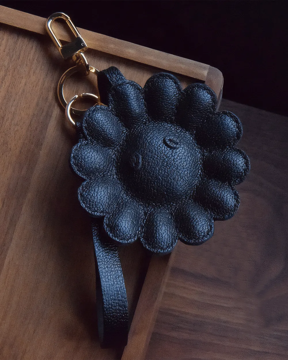 Leather Black Daisy Bag Charm Hand-stitched - Modern Floral