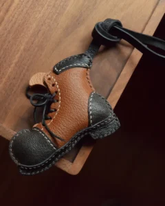 leather boot bag charm, boot leather keychain, handmade boot bag charm, lace-up leather boot accessory, vintage leather keychain, car key accessory