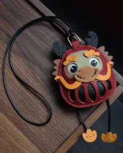 leather lucky loong bag charm, loong leather keychain, handmade loong bag charm, lucky loong accessory, leather fortune symbol keychain