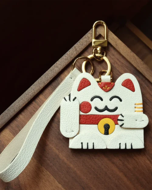 leather lucky cat bag charm, lucky cat leather keychain, handmade lucky cat charm, fortune cat bag accessory, leather lucky symbol keychain