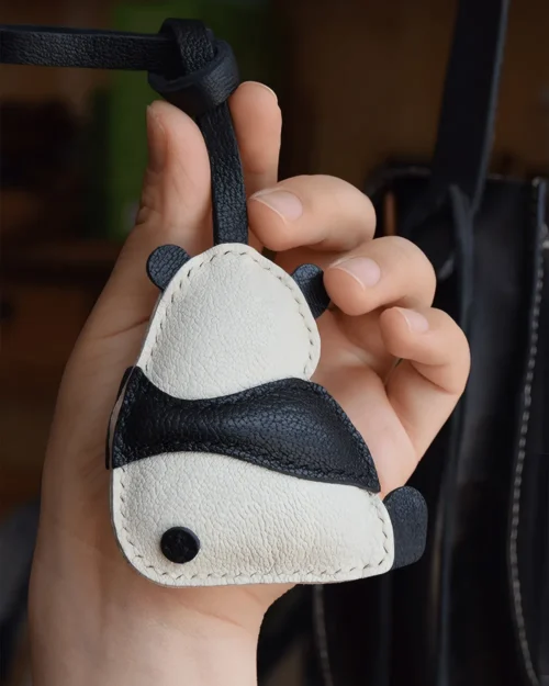 panda bag charm, leather panda keychain, handmade panda bag charm, animal bag accessory, panda leather keychain, car key accessory