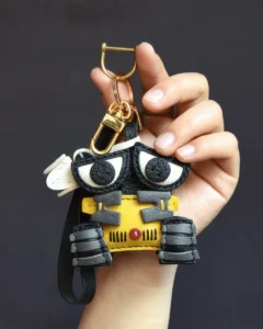 leather robot bag charm, robot leather keychain, cute robot bag charm, handmade robot accessory, cartoon robot keychain, car key accessory