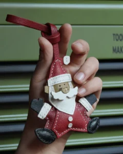 leather santa bag charm, santa leather keychain, christmas santa bag charm, handmade santa accessory, festive leather keychain, holiday gift charm