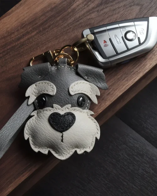 schnauzer bag charm, leather schnauzer keychain, handmade leather bag charm, dog leather accessory, gift-ready bag charm, car key accessory leather