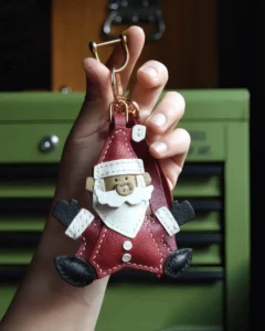 leather santa bag charm, santa leather keychain, christmas santa bag charm, handmade santa accessory, festive leather keychain, holiday gift charm