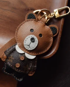 Bear Bag Charm handcrafted from French goatskin leather, hand-stitched over three days and gift boxed for bags, keys, and car key accessories.