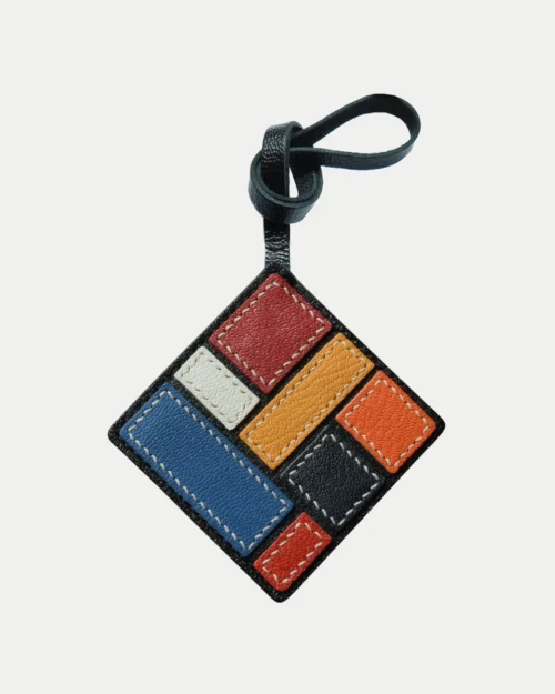 leather geometric bag charm, geometric leather keychain, handmade geometric bag charm, abstract leather accessory, color block leather keychain, car key accessory